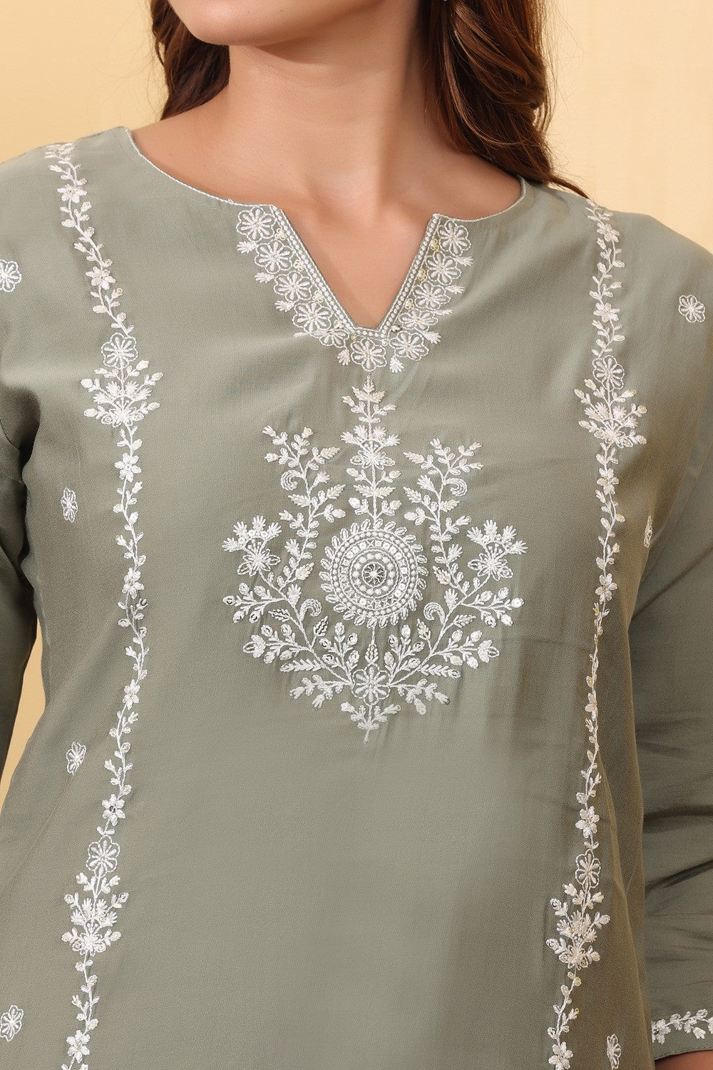 Sage Green Embroidered Co-Ord Set for Women HSDAACSTP000007