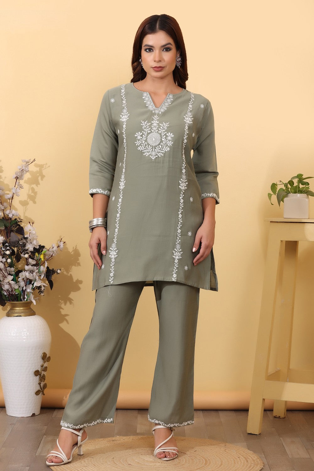 Sage Green Embroidered Co-Ord Set for Women HSDAACSTP000007