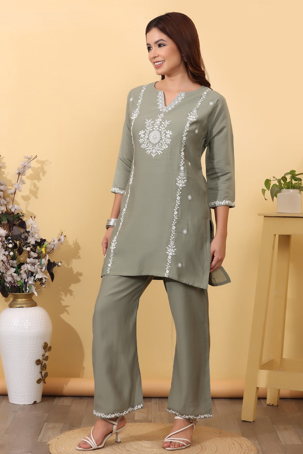 Sage Green Embroidered Co-Ord Set for Women HSDAACSTP000007