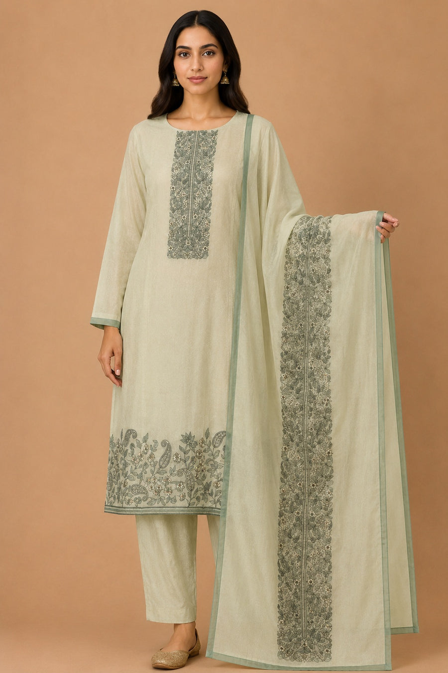 Green Mulberry Silk Unstitched Suit Set