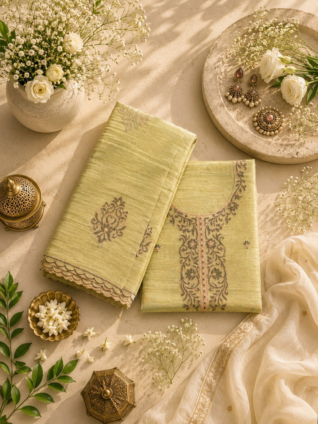 Green Embroidered Tissue Silk Unstitched Dress Material