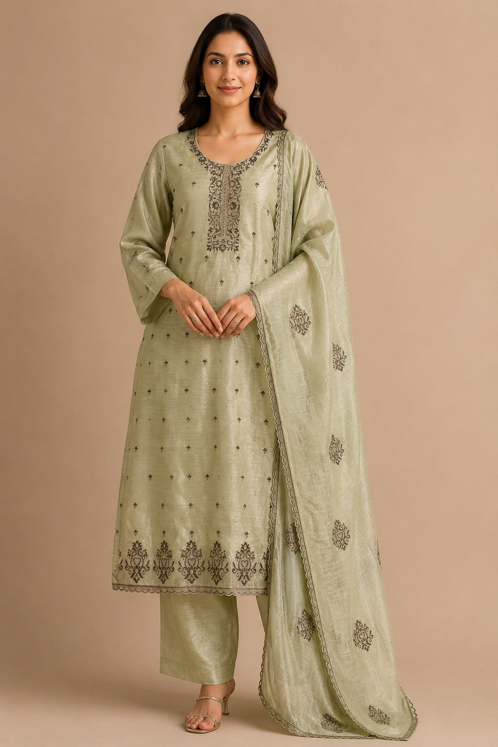 Green Embroidered Tissue Silk Unstitched Dress Material