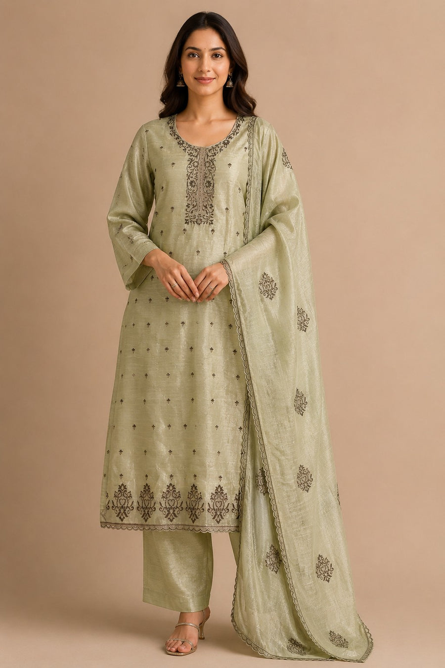 Green Embroidered Tissue Silk Unstitched Dress Material