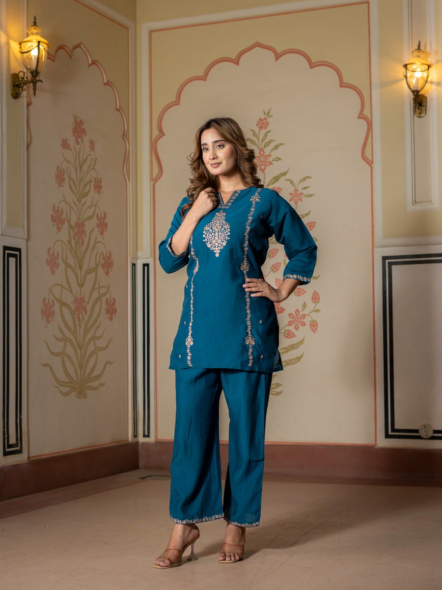 Teal Embroidered Co-Ord Set for Women