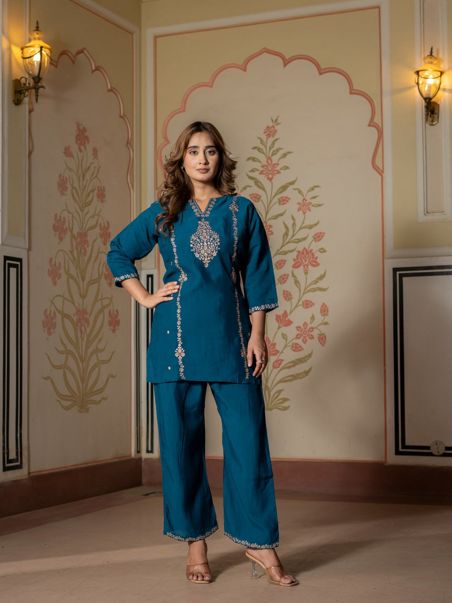 Teal Embroidered Co-Ord Set for Women