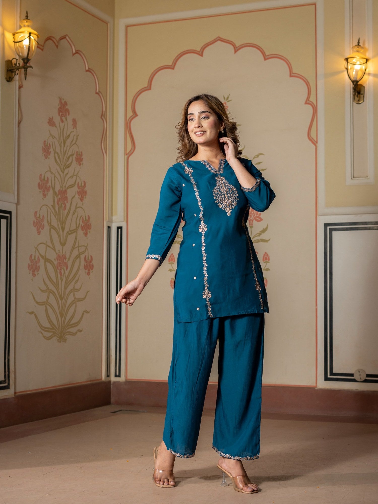 Teal Embroidered Co-Ord Set for Women HSDAACSTP000005