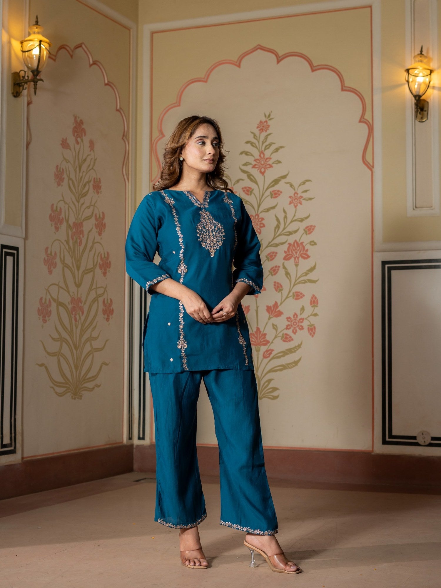 Teal Embroidered Co-Ord Set for Women HSDAACSTP000005