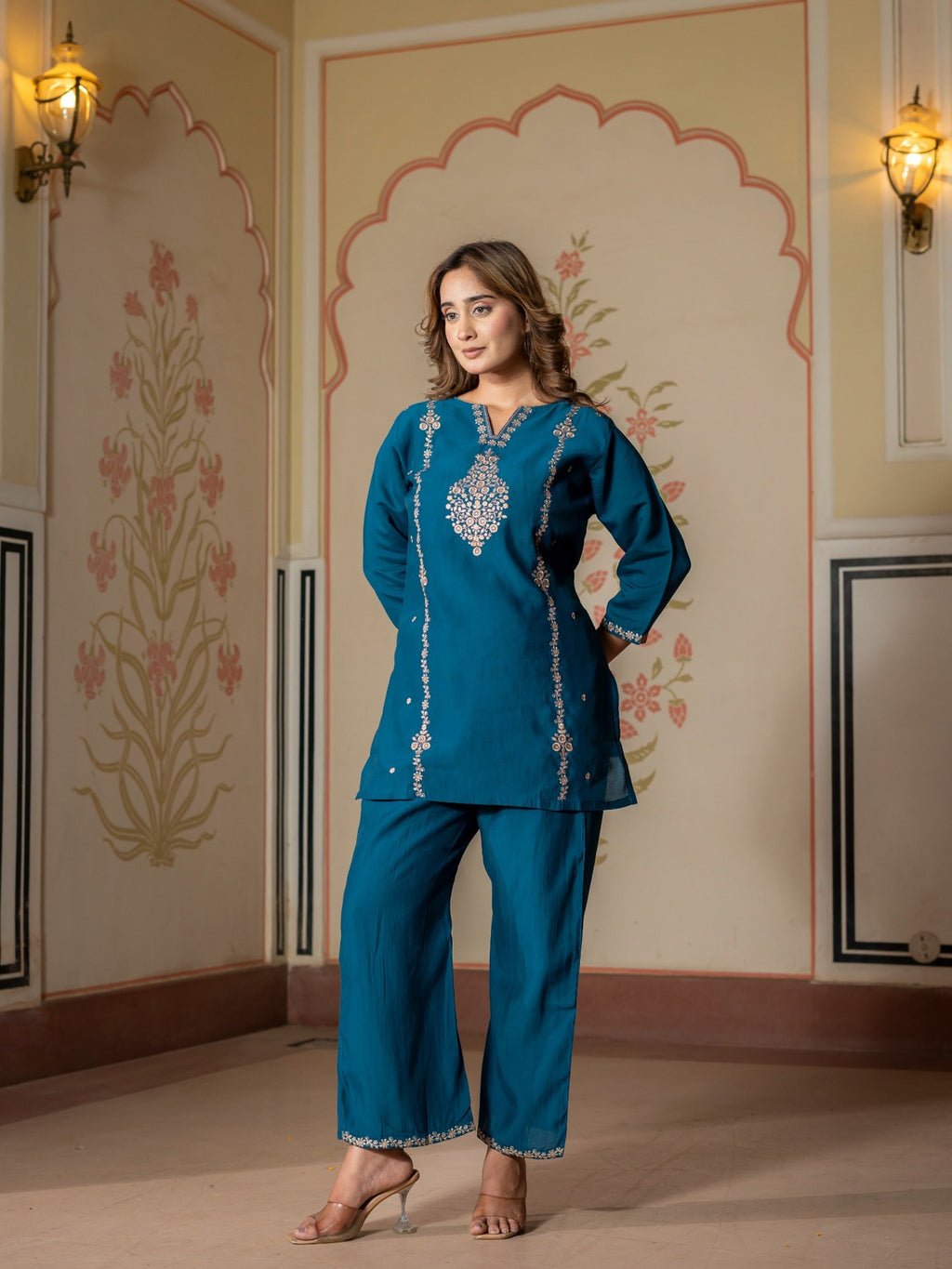 Teal Embroidered Co-Ord Set for Women HSDAACSTP000005