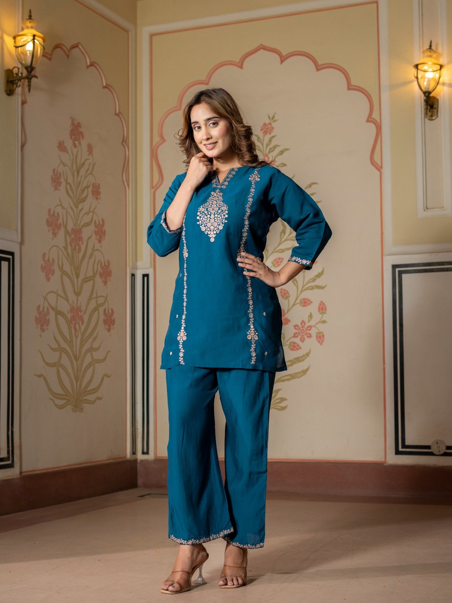 Teal Embroidered Co-Ord Set for Women HSDAACSTP000005