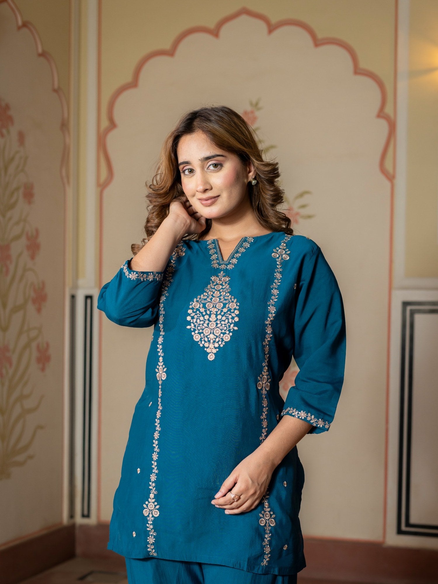 Teal Embroidered Co-Ord Set for Women HSDAACSTP000005