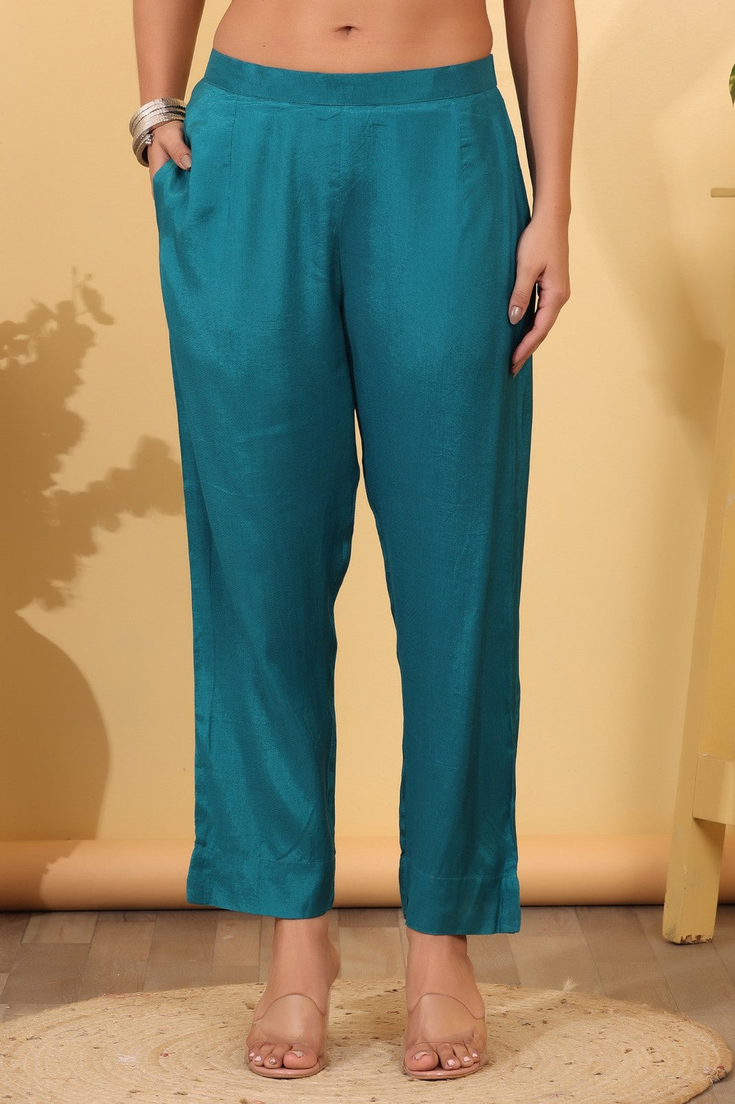 Turquoise Blue Jacquard Silk Suit Set with Printed Dupatta