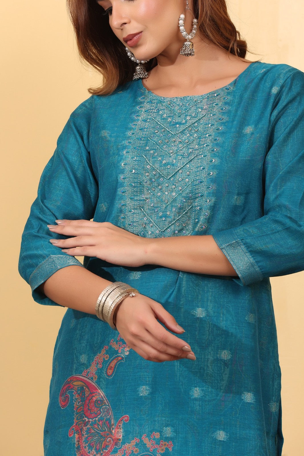 Turquoise Blue Jacquard Silk Suit Set with Printed Dupatta