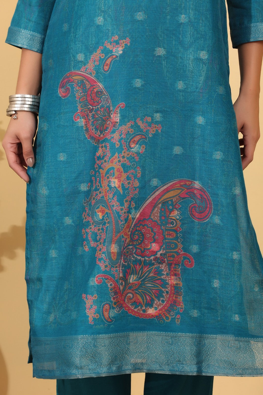 Turquoise Blue Jacquard Silk Suit Set with Printed Dupatta