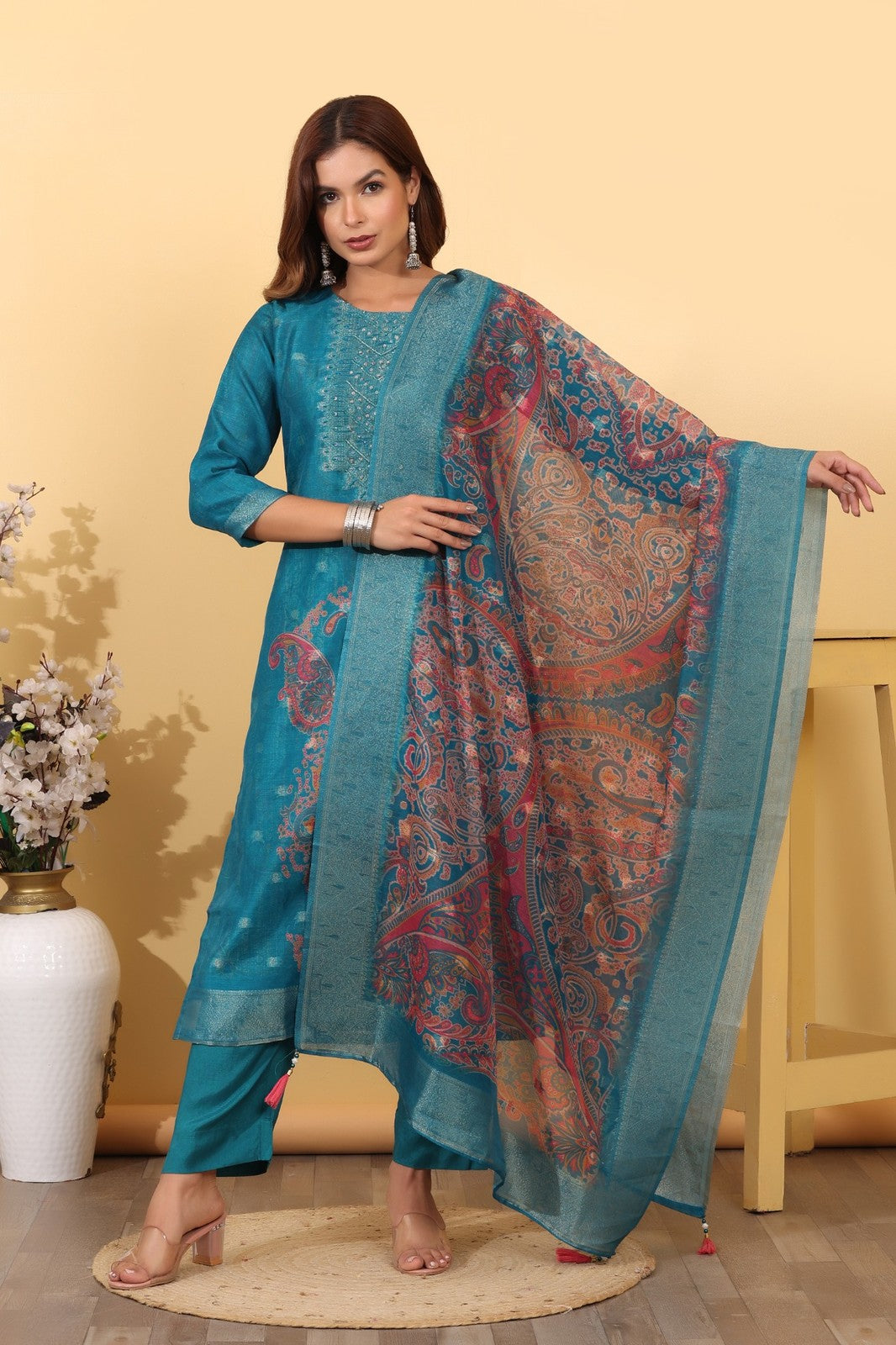 Turquoise Blue Jacquard Silk Suit Set with Printed Dupatta