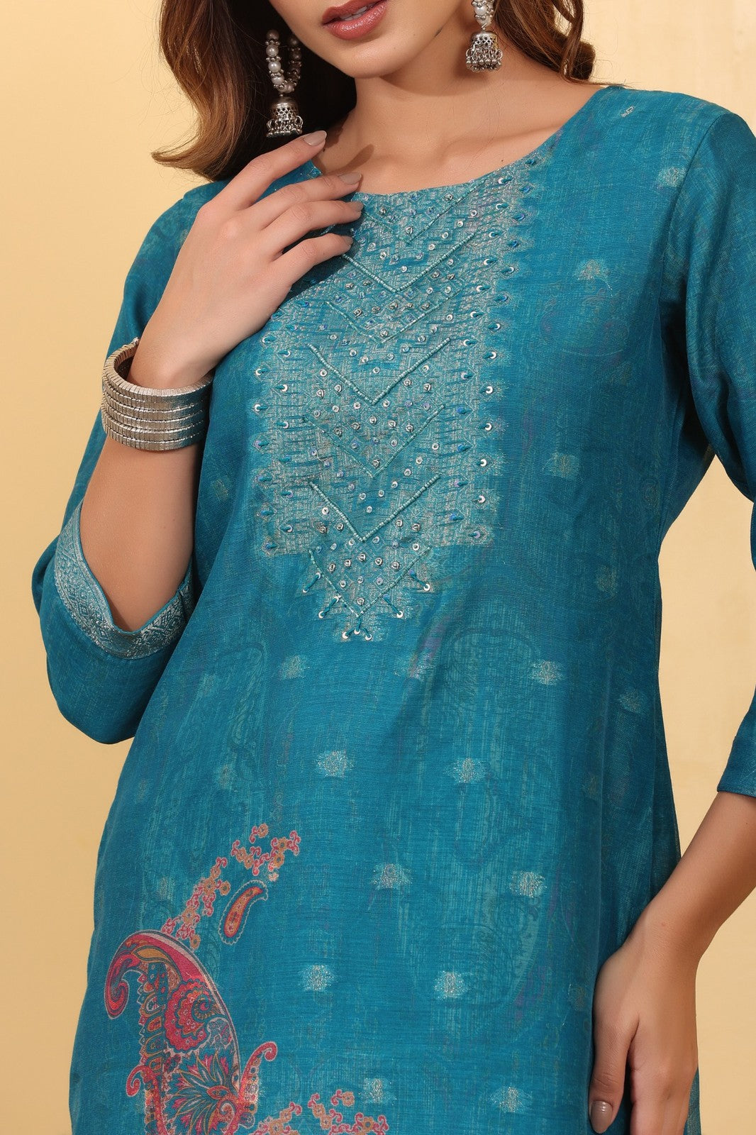 Turquoise Blue Jacquard Silk Suit Set with Printed Dupatta