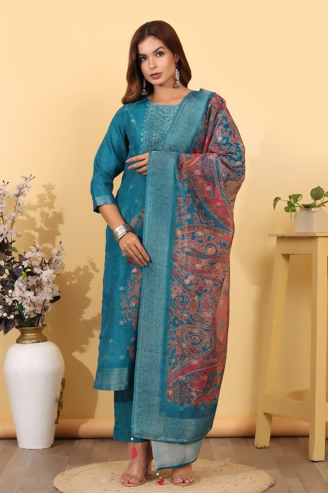 Turquoise Blue Jacquard Silk Suit Set with Printed Dupatta