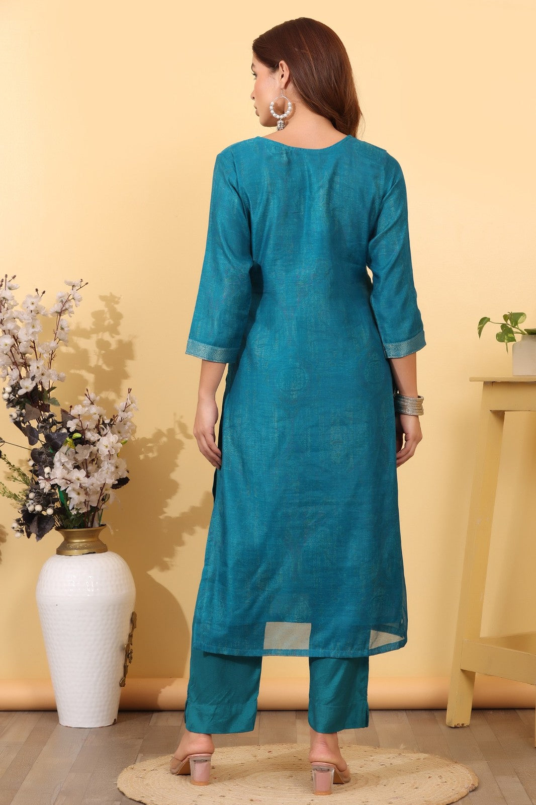 Turquoise Blue Jacquard Silk Suit Set with Printed Dupatta