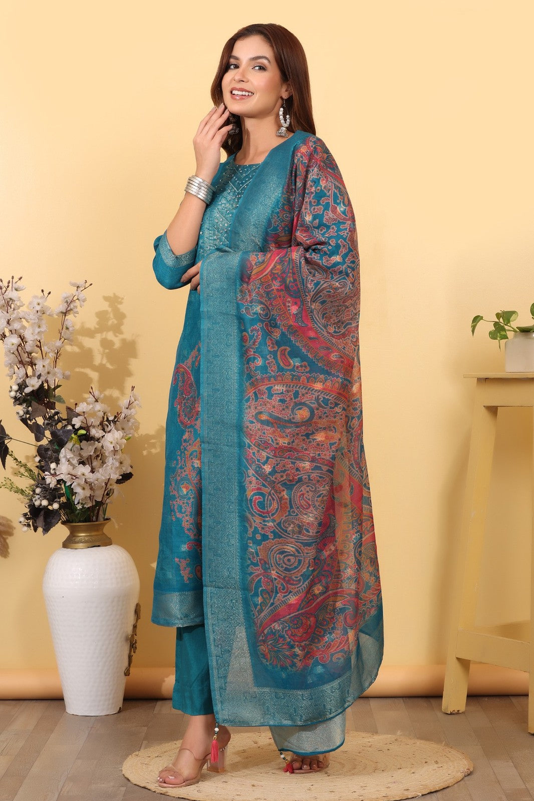 Turquoise Blue Jacquard Silk Suit Set with Printed Dupatta