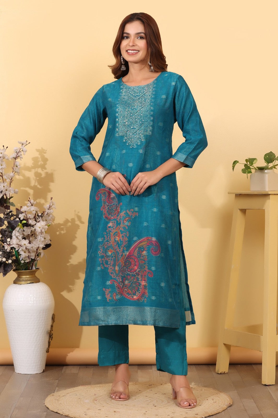 Turquoise Blue Jacquard Silk Suit Set with Printed Dupatta