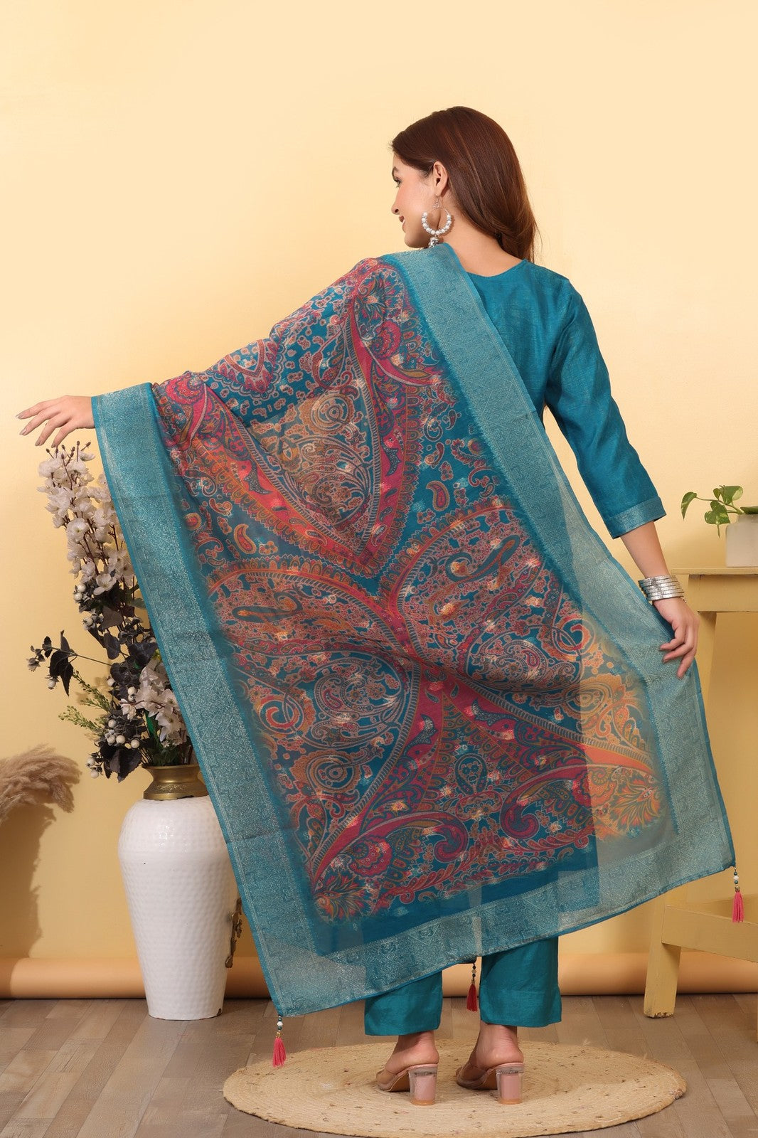 Turquoise Blue Jacquard Silk Suit Set with Printed Dupatta