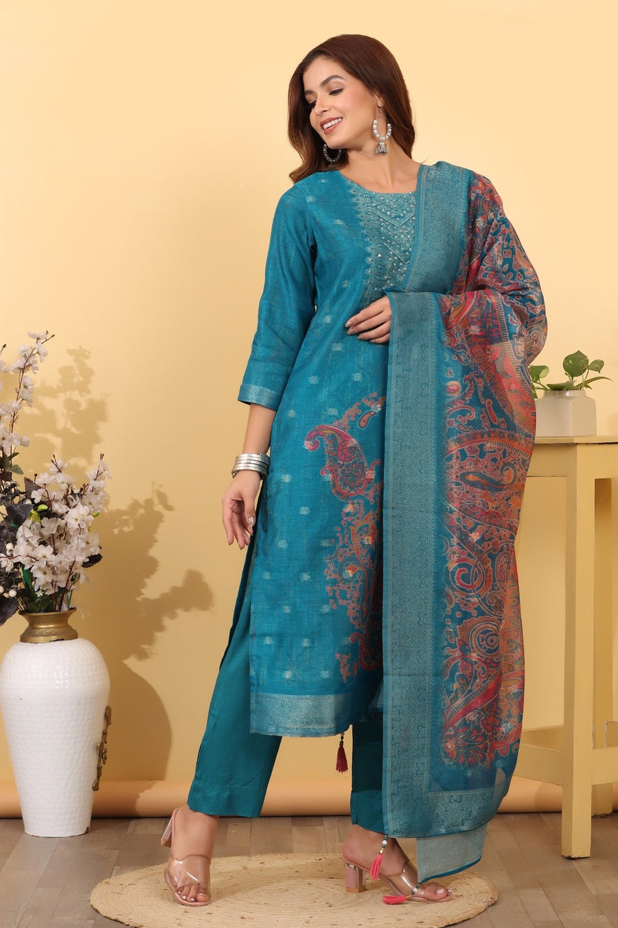 Turquoise Blue Jacquard Silk Suit Set with Printed Dupatta
