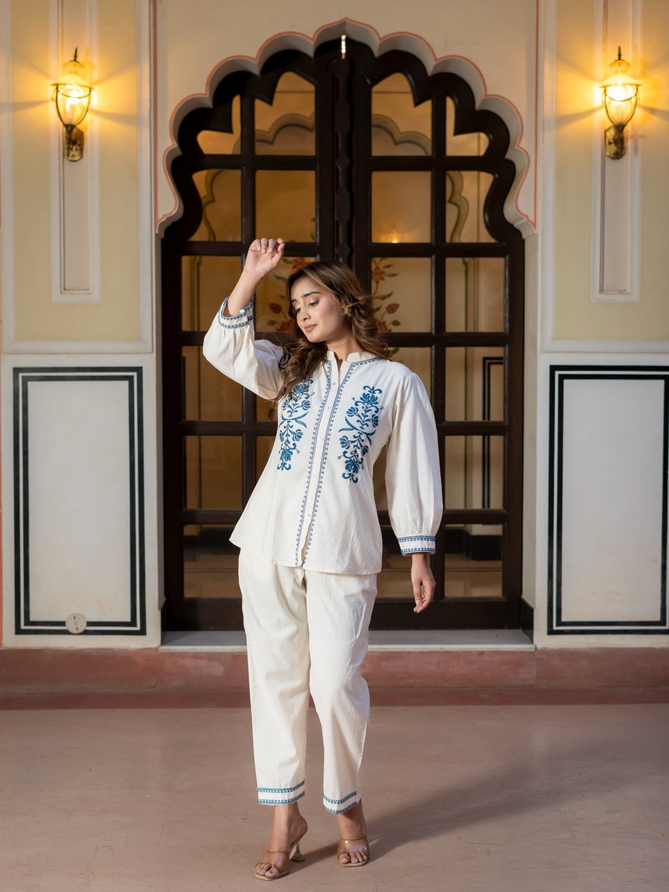 White Embroidered Cotton Co-Ord Set for Women HSDAACSTT000003