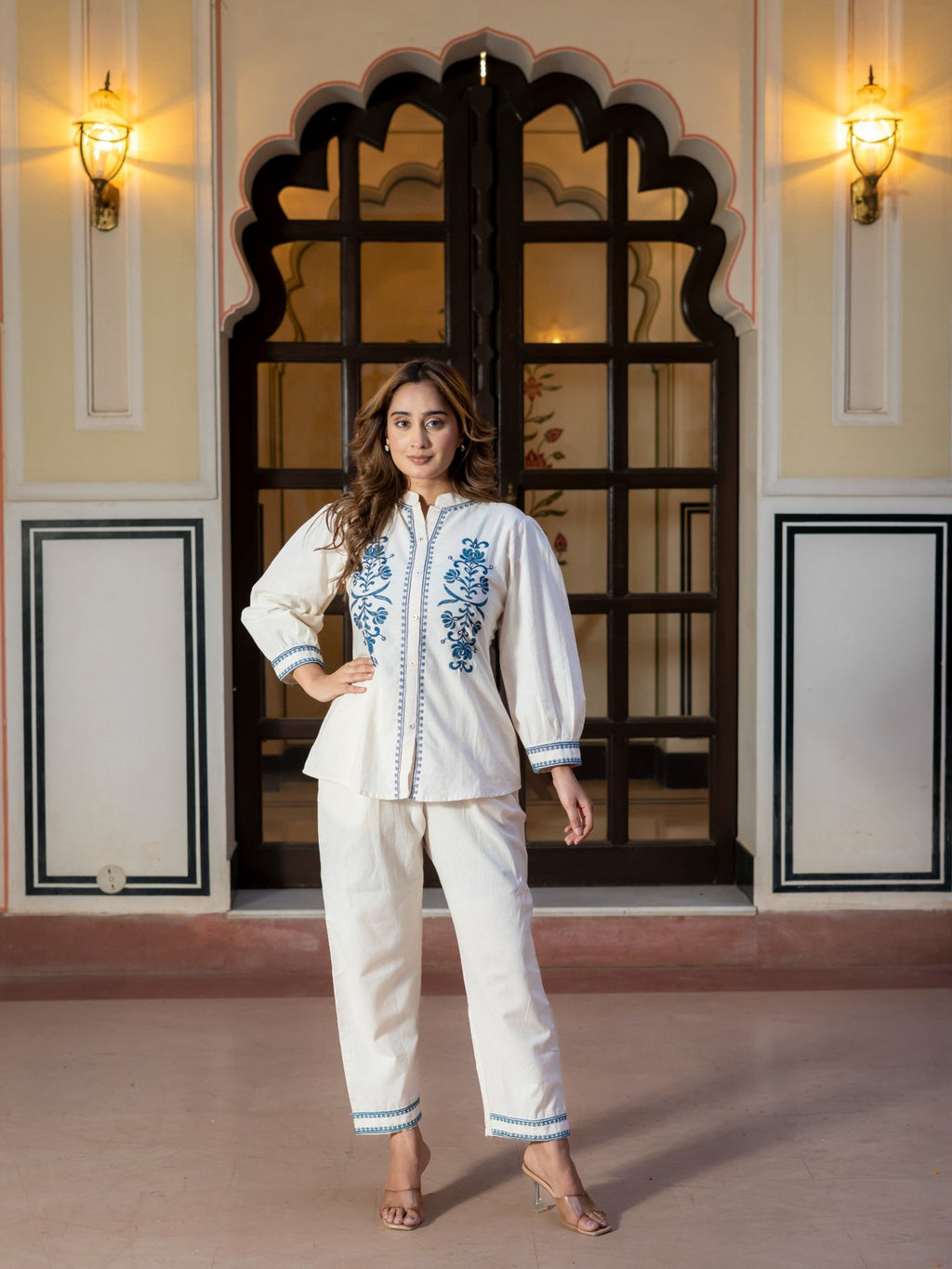 White Embroidered Cotton Co-Ord Set for Women HSDAACSTT000003