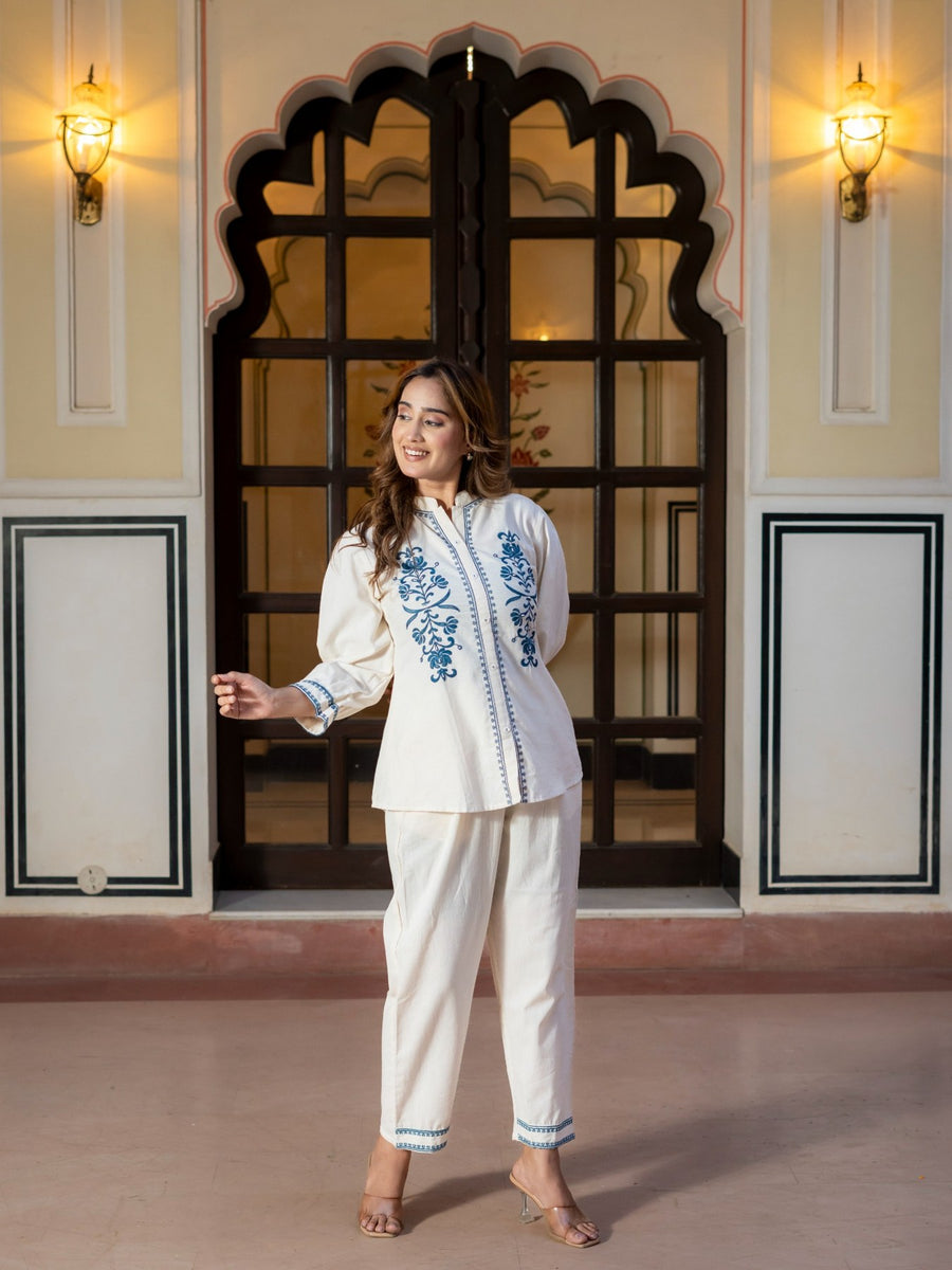 White Embroidered Cotton Co-Ord Set for Women