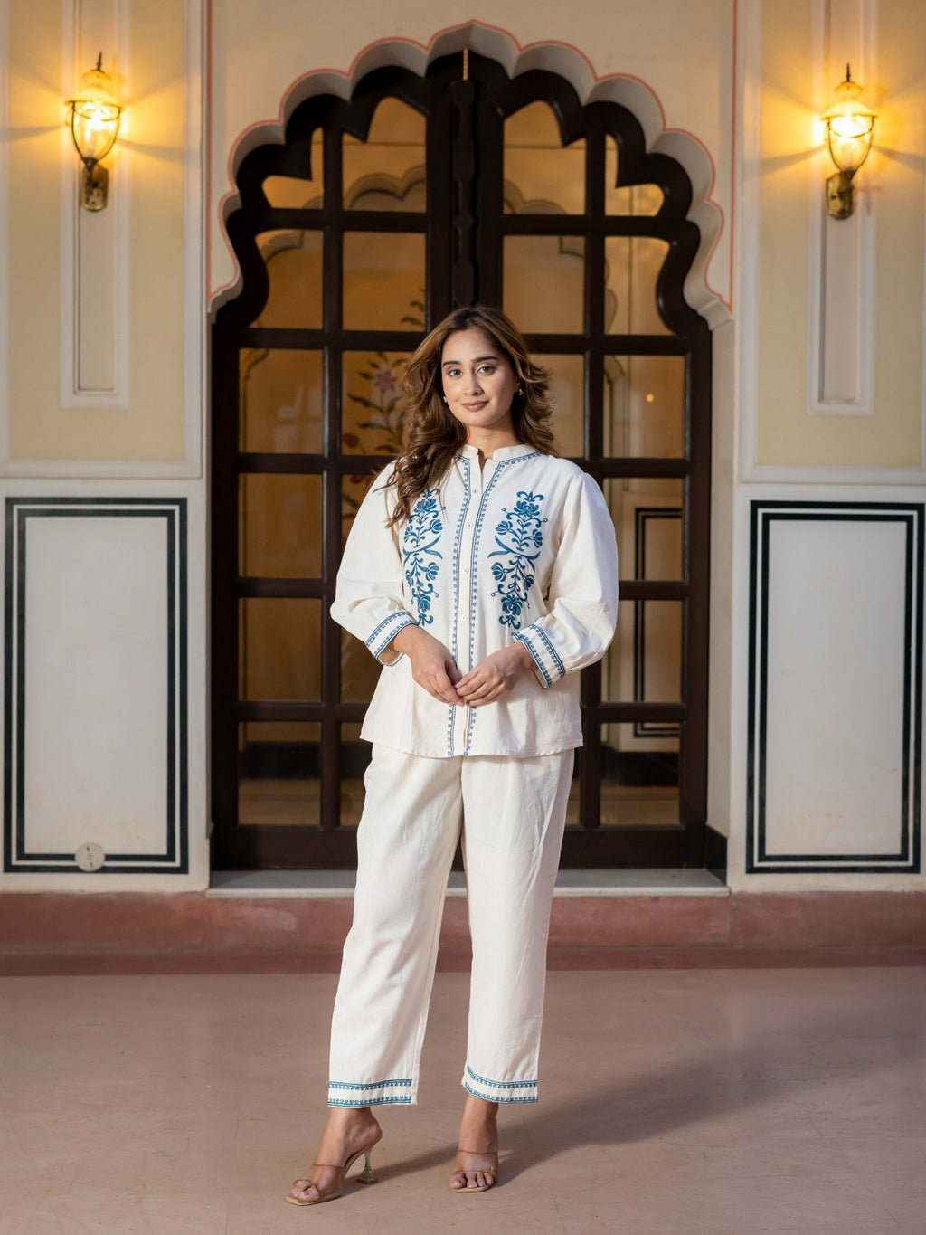 White Embroidered Cotton Co-Ord Set for Women HSDAACSTT000003