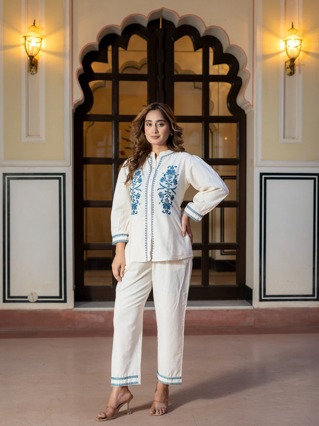 White Embroidered Cotton Co-Ord Set for Women HSDAACSTT000003