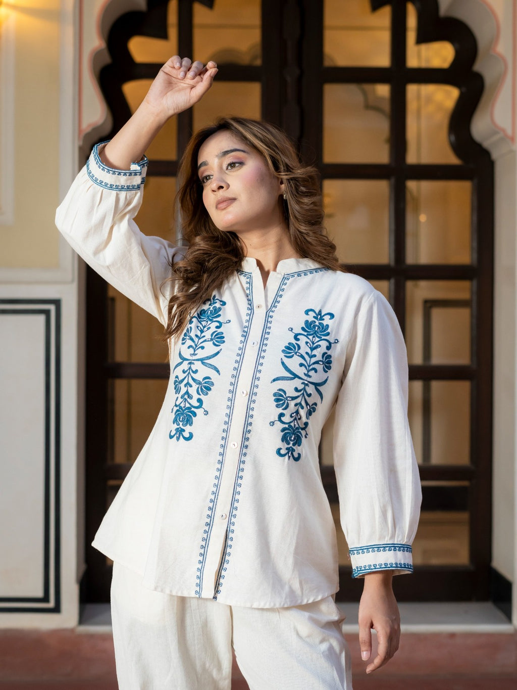 White Embroidered Cotton Co-Ord Set for Women HSDAACSTT000003