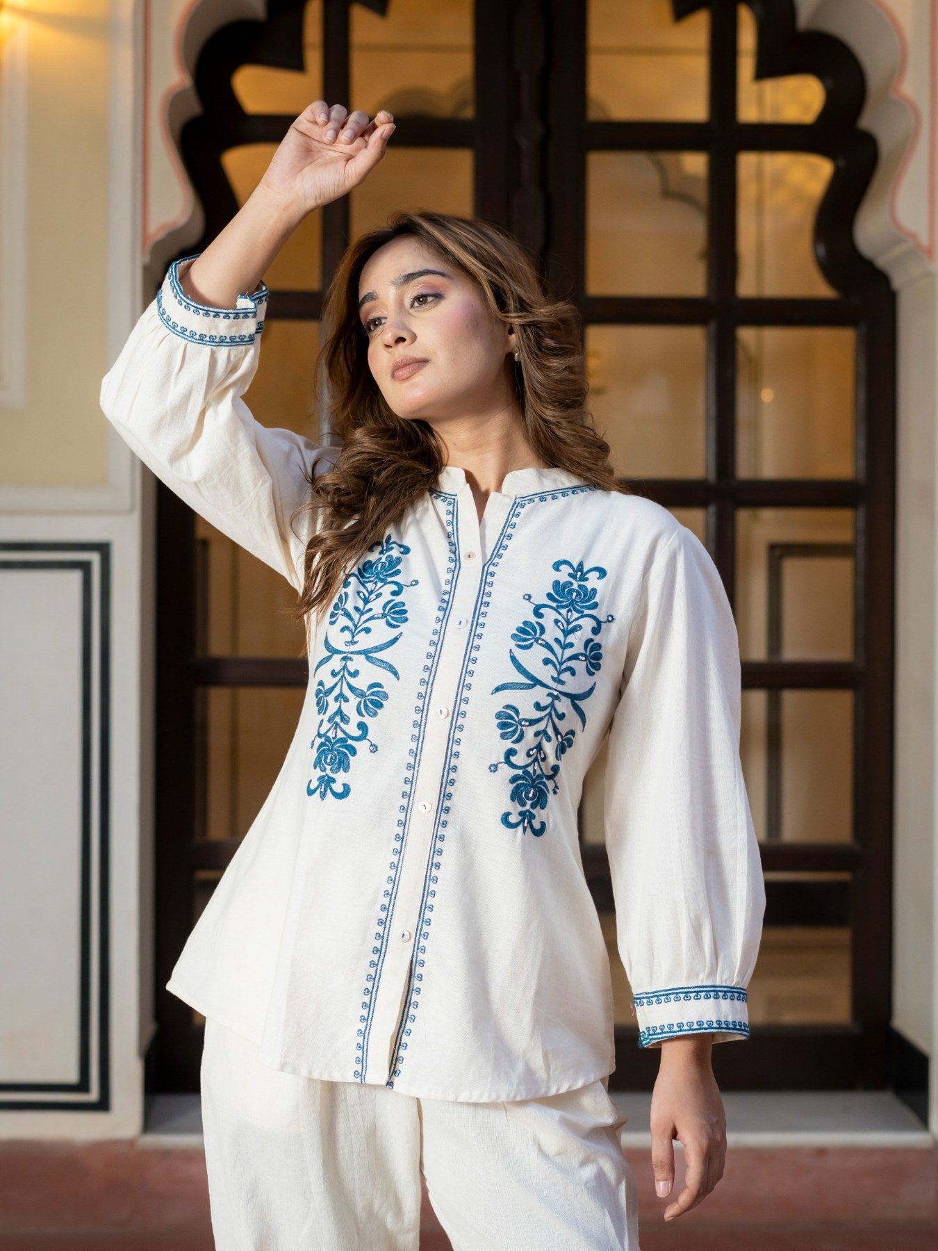 White Embroidered Cotton Co-Ord Set for Women HSDAACSTT000003