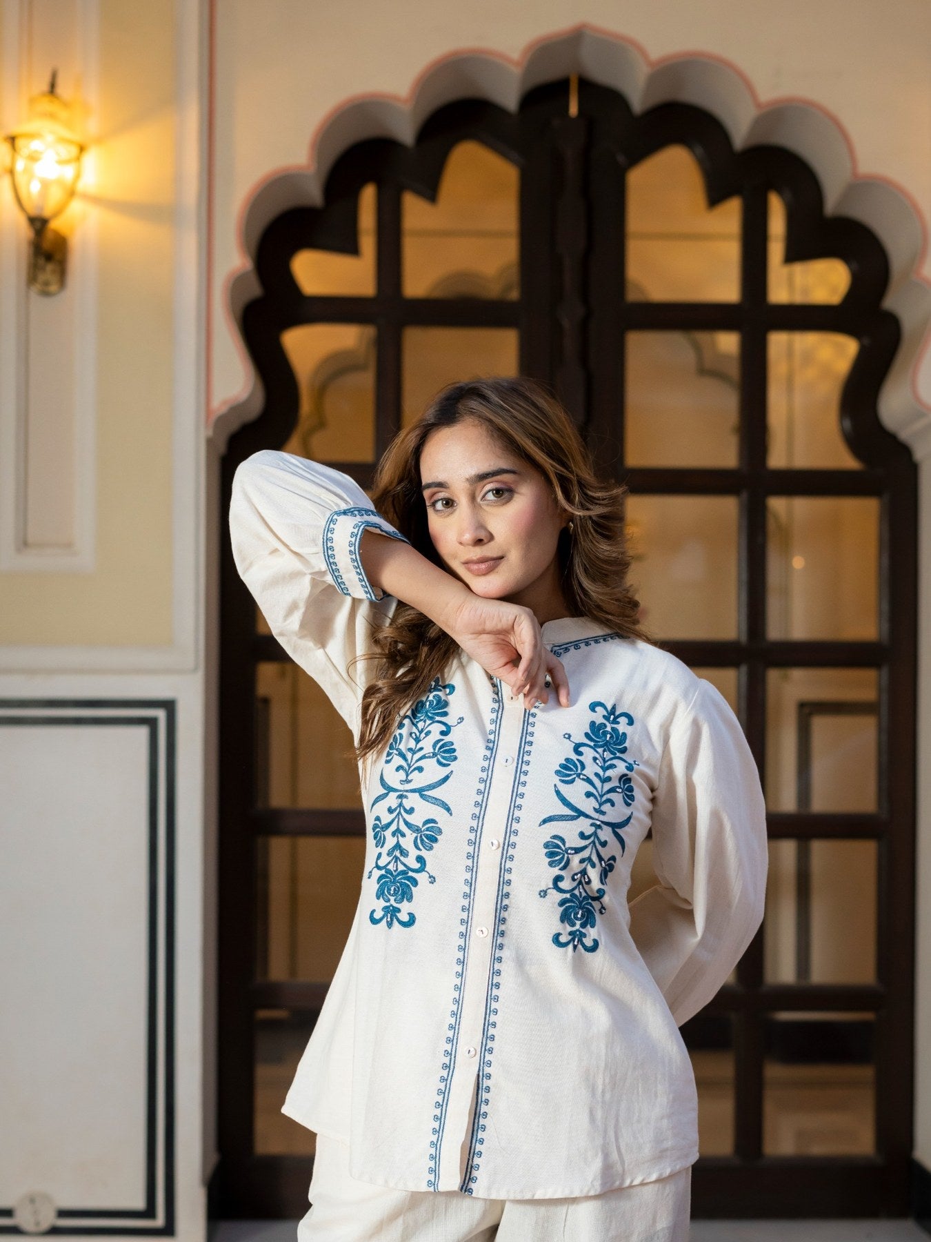 White Embroidered Cotton Co-Ord Set for Women HSDAACSTT000003