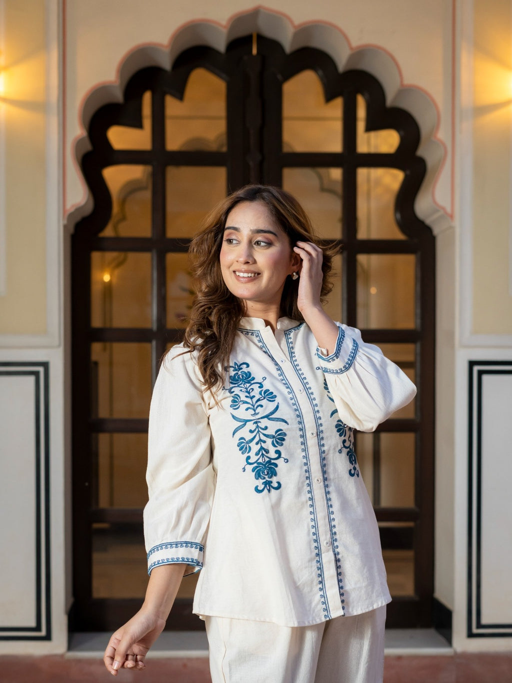 White Embroidered Cotton Co-Ord Set for Women HSDAACSTT000003
