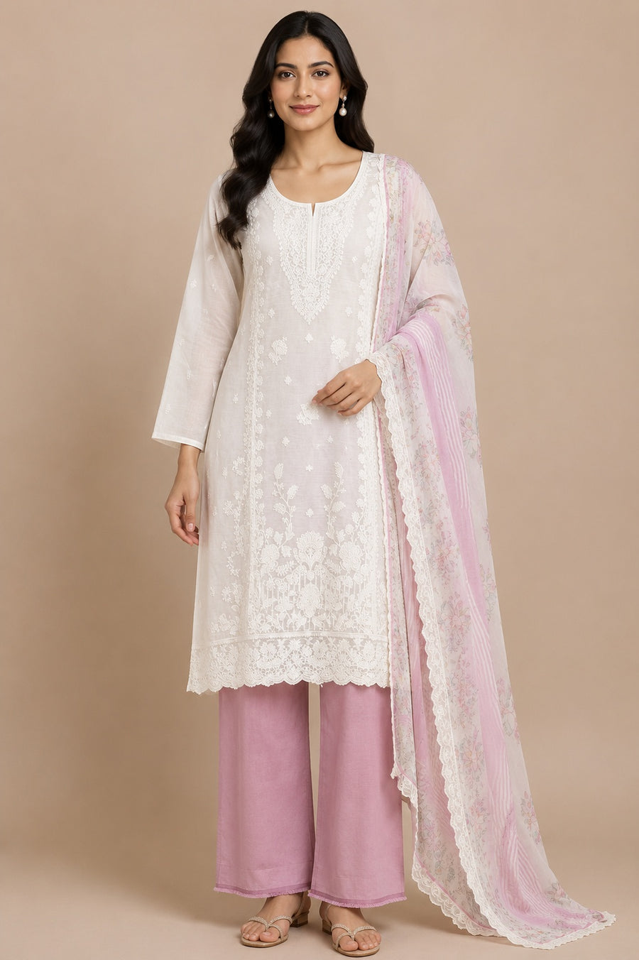 Cream Pink Muslin Unstitched Suit Set