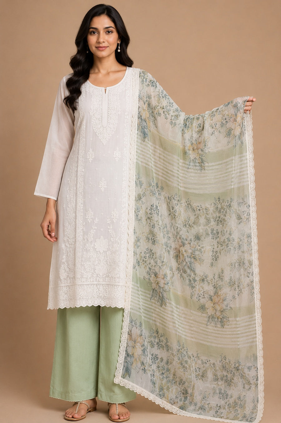 Cream Green Muslin Unstitched Dress Material