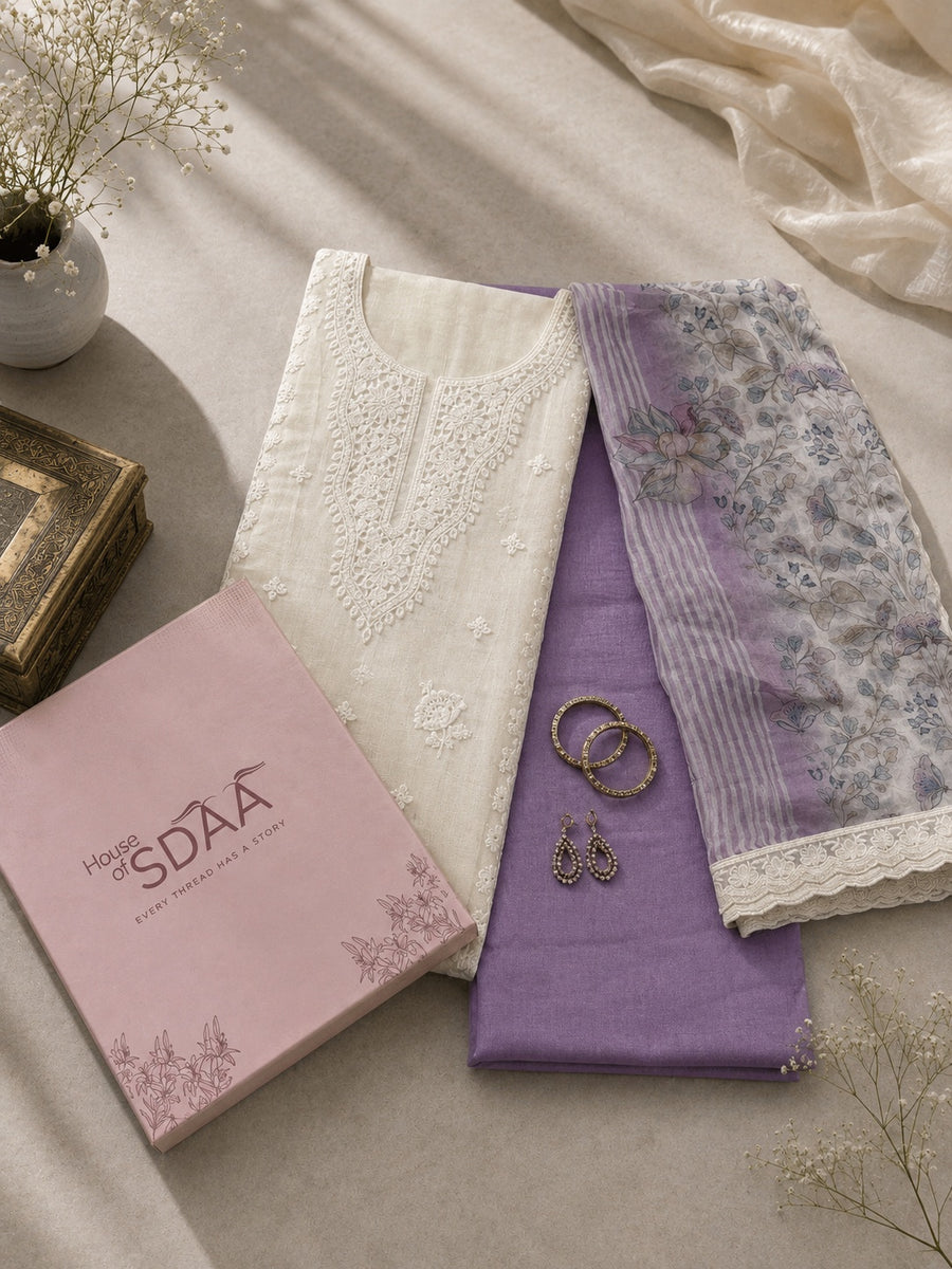 Cream Lavender Muslin Unstitched Suit Set