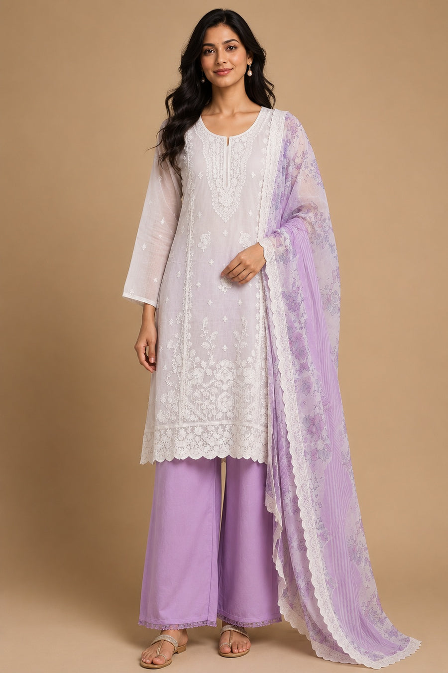 Cream Lavender Muslin Unstitched Suit Set