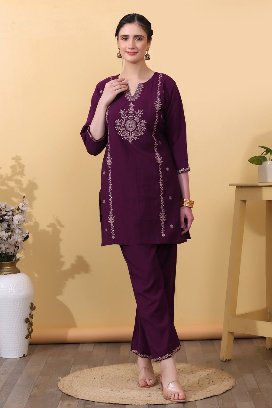 Wine Embroidered Co-Ord Set for Women