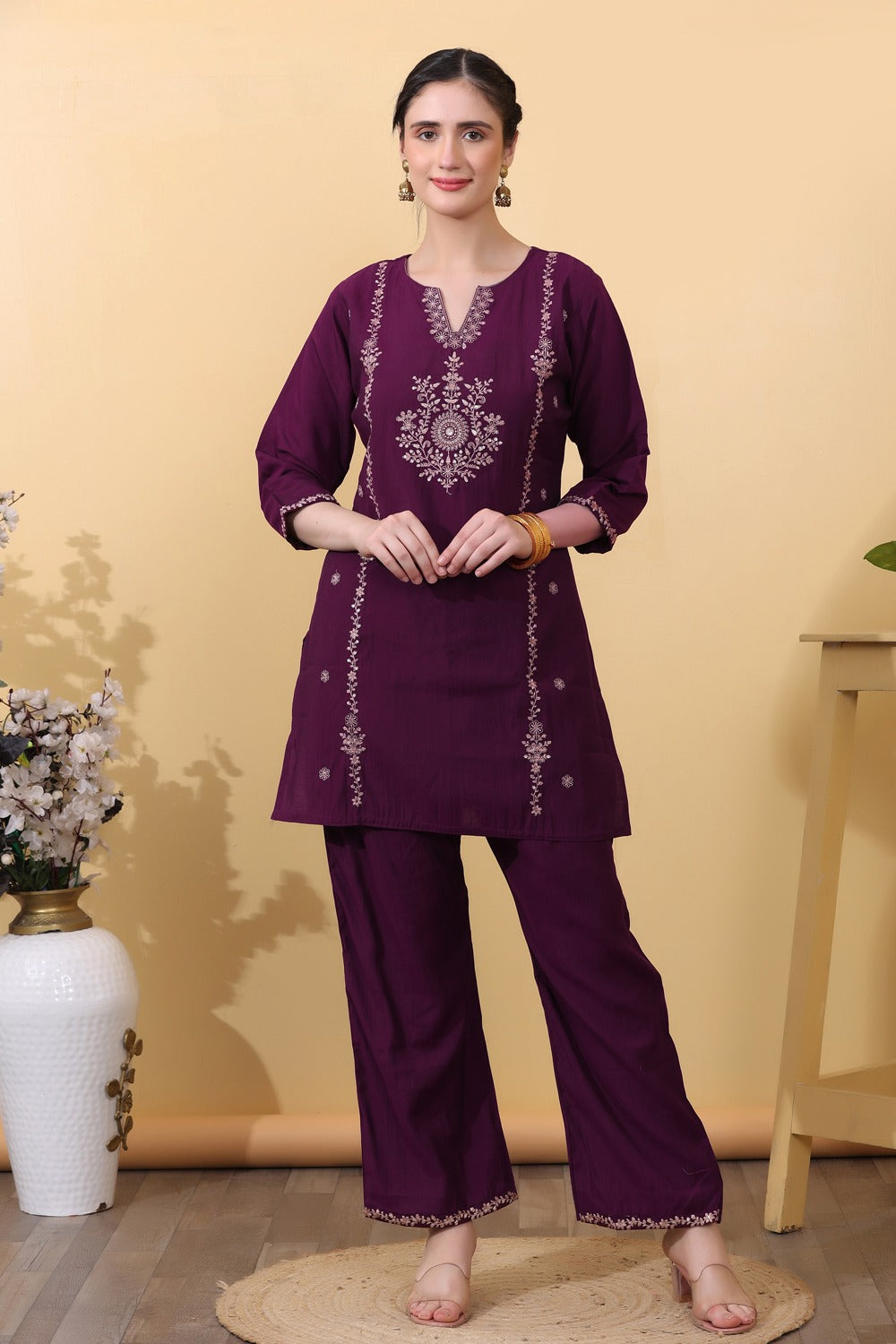 Wine Embroidered Co-Ord Set for Women HSDAACSTP000004