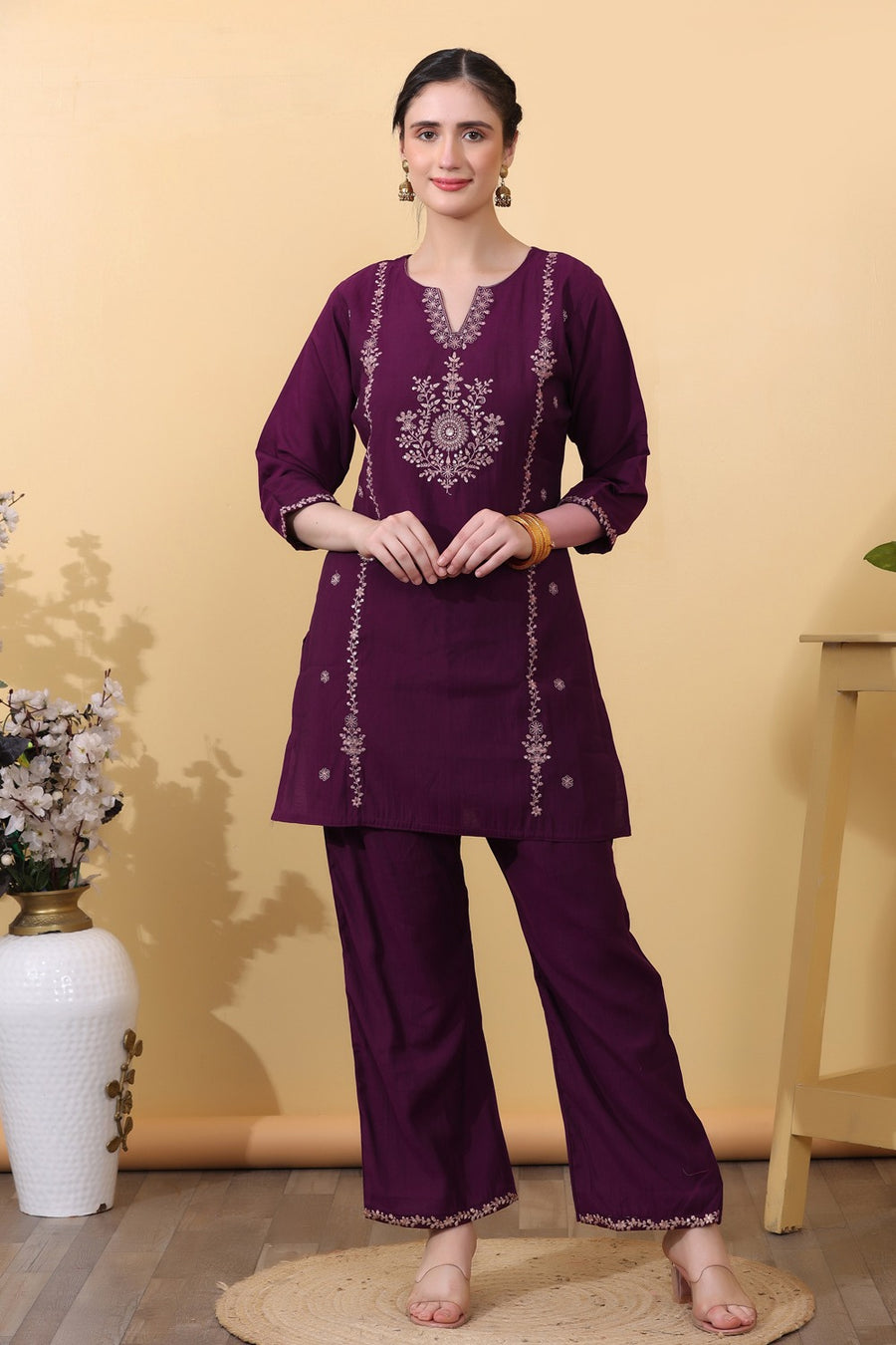 Wine Embroidered Co-Ord Set for Women