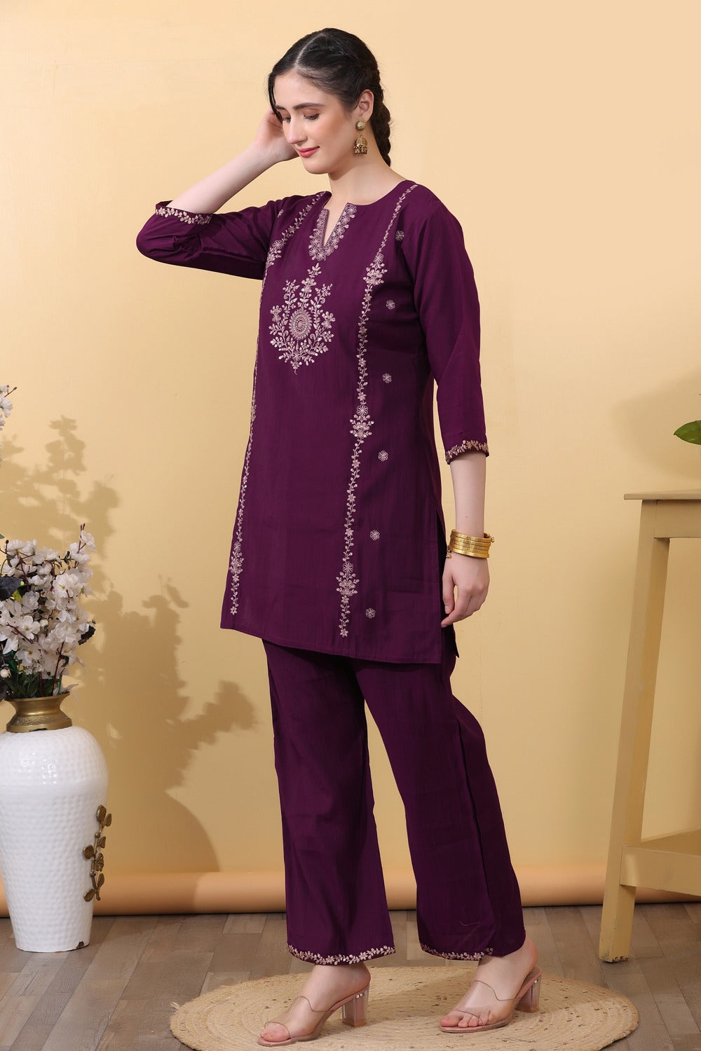 Wine Embroidered Co-Ord Set for Women HSDAACSTP000004