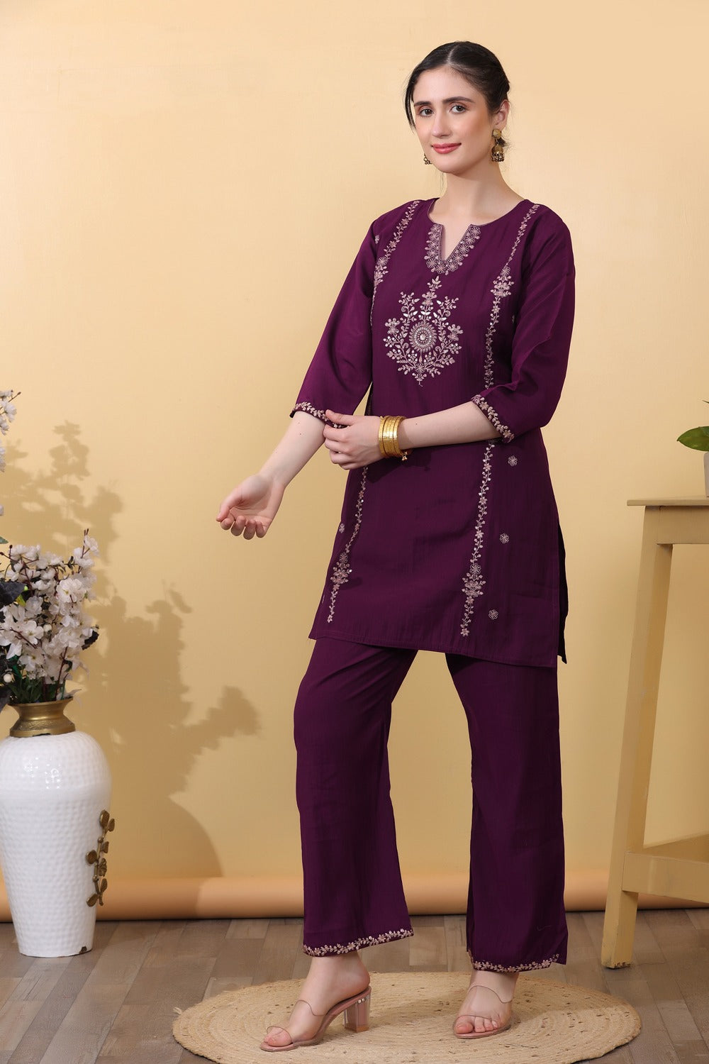 Wine Embroidered Co-Ord Set for Women HSDAACSTP000004