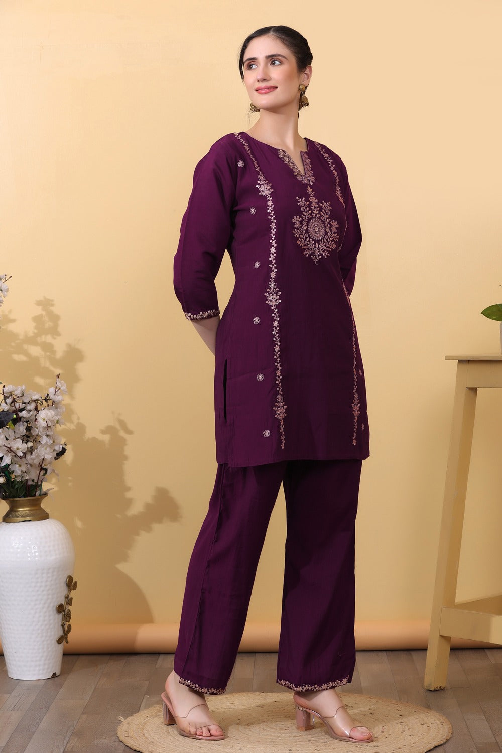 Wine Embroidered Co-Ord Set for Women HSDAACSTP000004