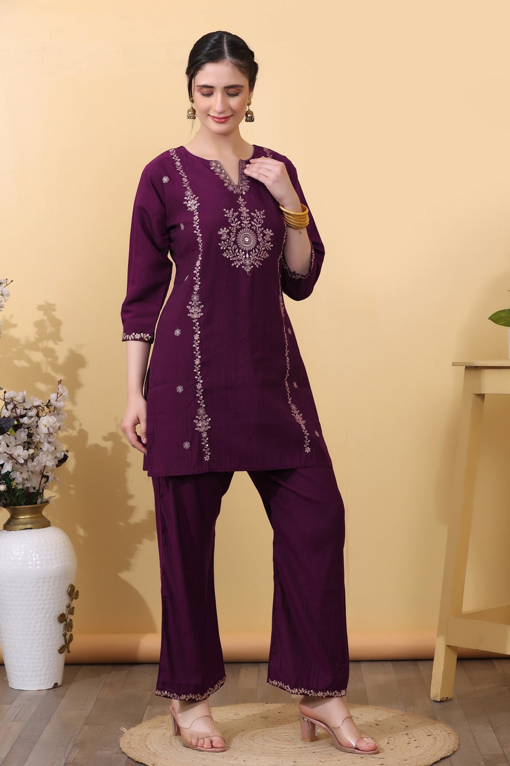Wine Embroidered Co-Ord Set for Women HSDAACSTP000004
