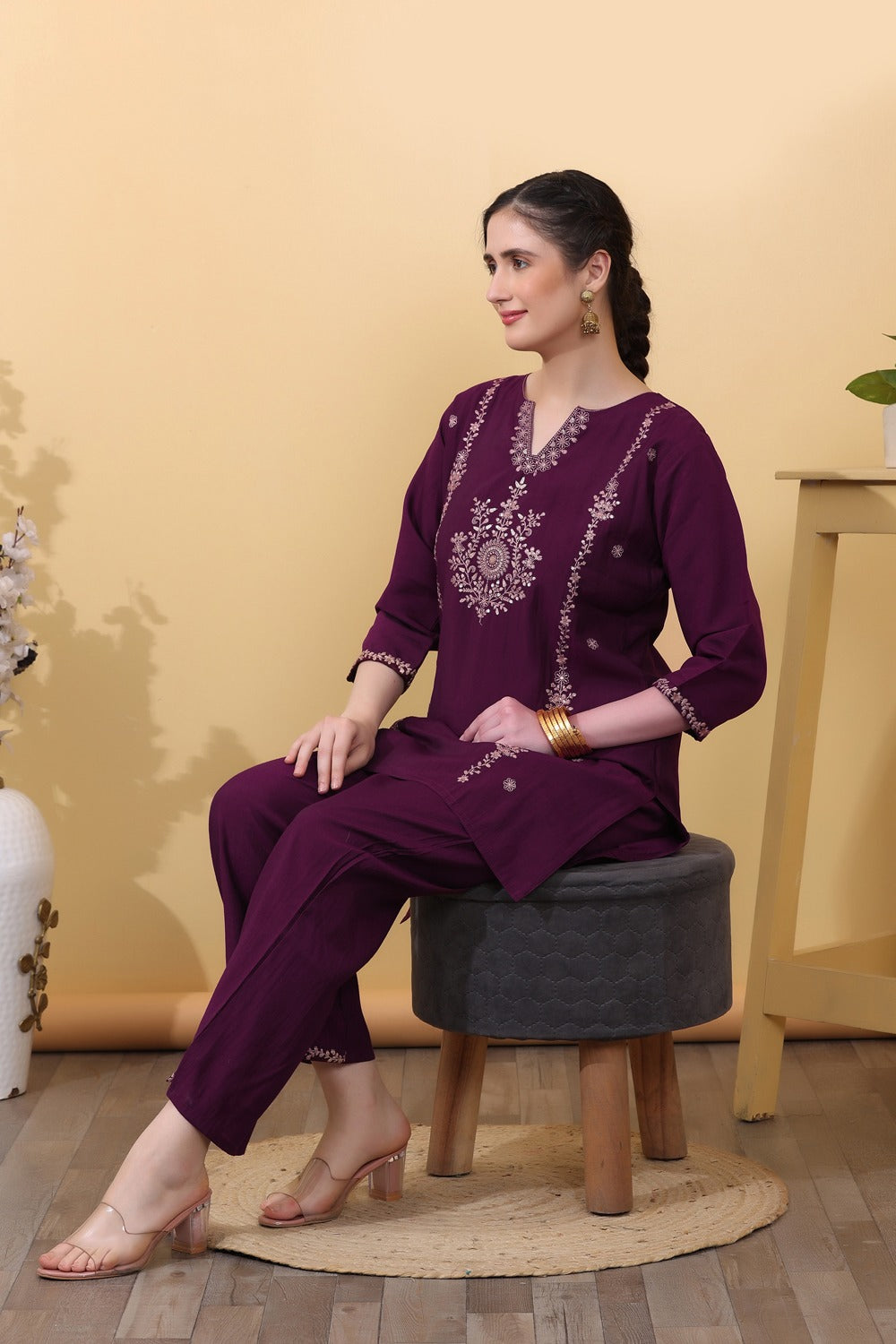 Wine Embroidered Co-Ord Set for Women HSDAACSTP000004