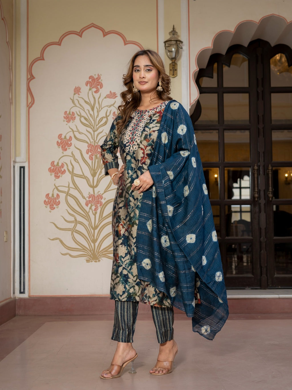 House of Sdaa Blue Floral kurta printed kurta set . HSDAAMLSK000008