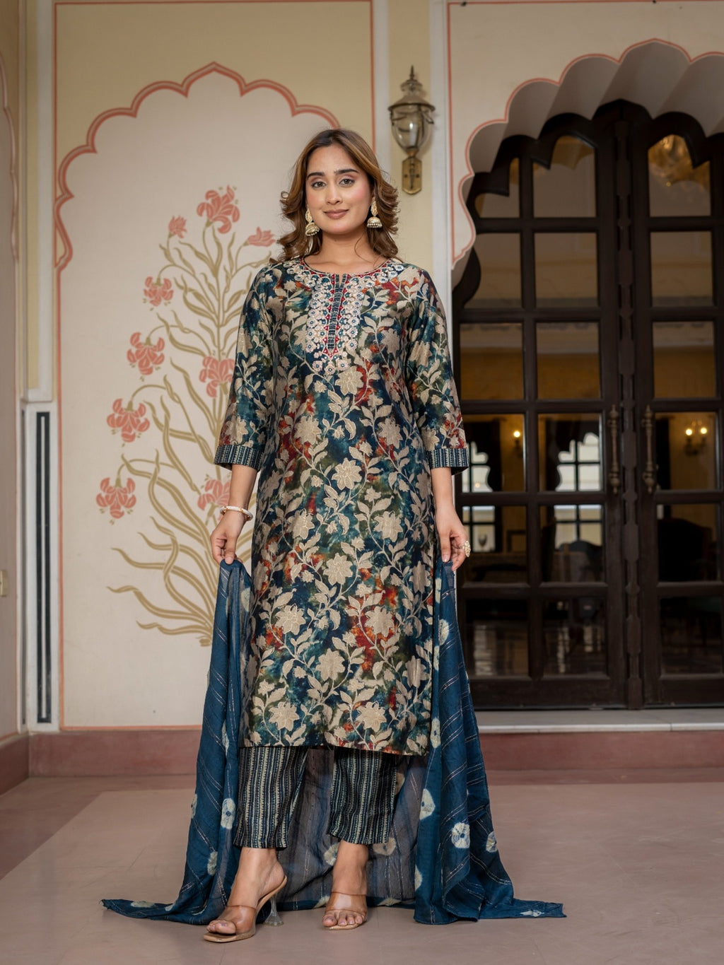 House of Sdaa Blue Floral kurta printed kurta set . HSDAAMLSK000008