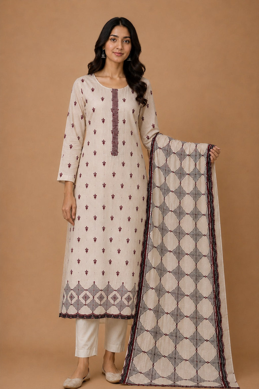 Fawn Maroon Mal Chanderi Unstitched Suit Set