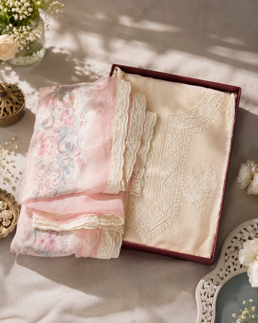 Cream Pink Muslin Unstitched Suit Set